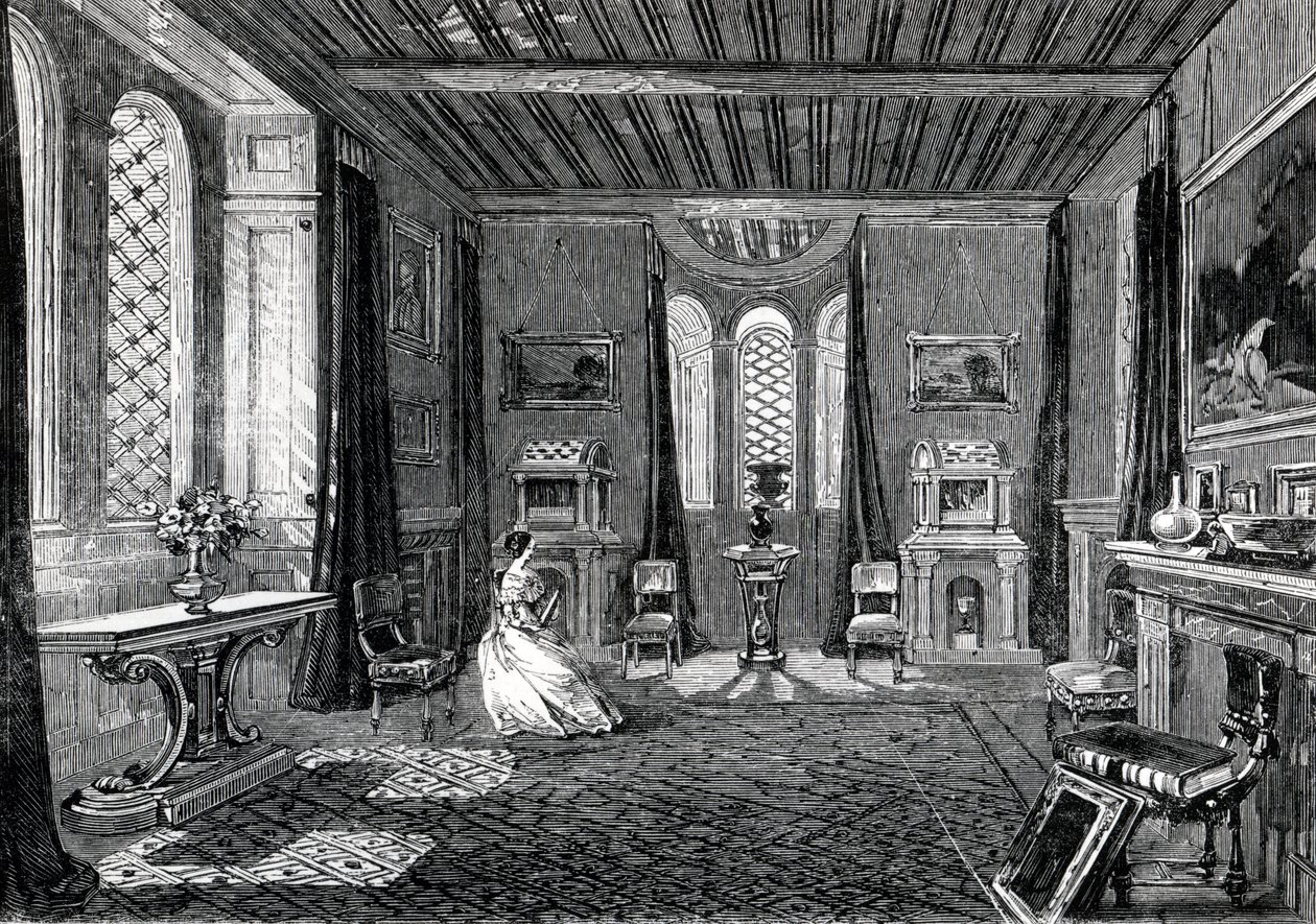 लैन्सडाउन टॉवर - द स्कारलेट ड्राइंग-रूम, 1845 में &39;द इलस्ट्रेटेड लंदन न्यूज&39; में प्रकाशित हुआ द्वारा अंग्रेजी स्कूल