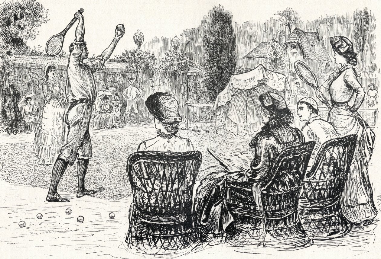 1883 में लॉन टेनिस, &39;द सेंचुरी इलस्ट्रेटेड मंथली मैगज़ीन&39; से, पंच पत्रिका में मूल ड्राइंग से उत्कीर्ण, मई से अक्टूबर, 1883 द्वारा अंग्रेजी स्कूल