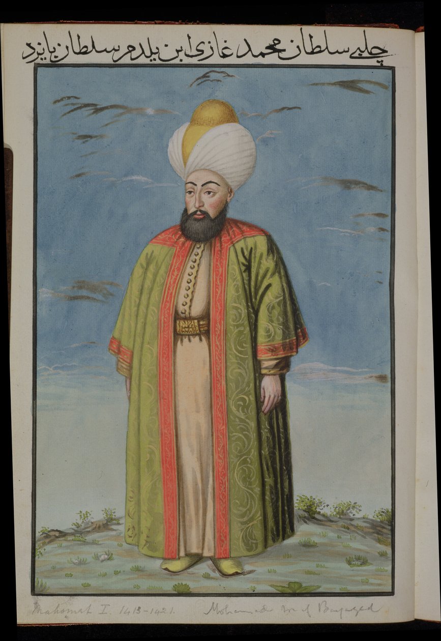 माहोमेट (मेहम) I (1387-1421), सुल्तान 1413-21, तुर्की के सम्राटों के पोर्ट्रेट्स की एक श्रृंखला से 1808 (wc) द्वारा अंग्रेजी स्कूल