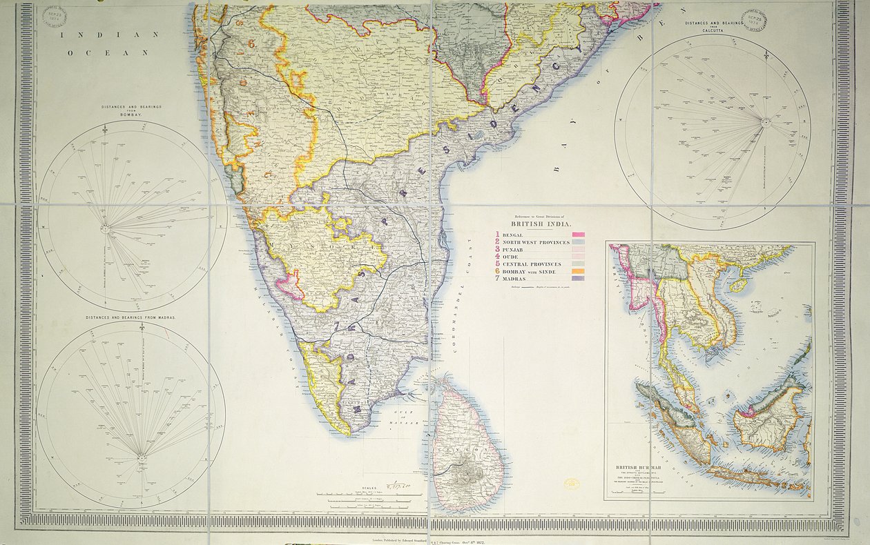 ब्रिटिश दक्षिणी भारत का नक्शा, 1872 (रंग लिथोग्राफ) द्वारा अंग्रेजी स्कूल