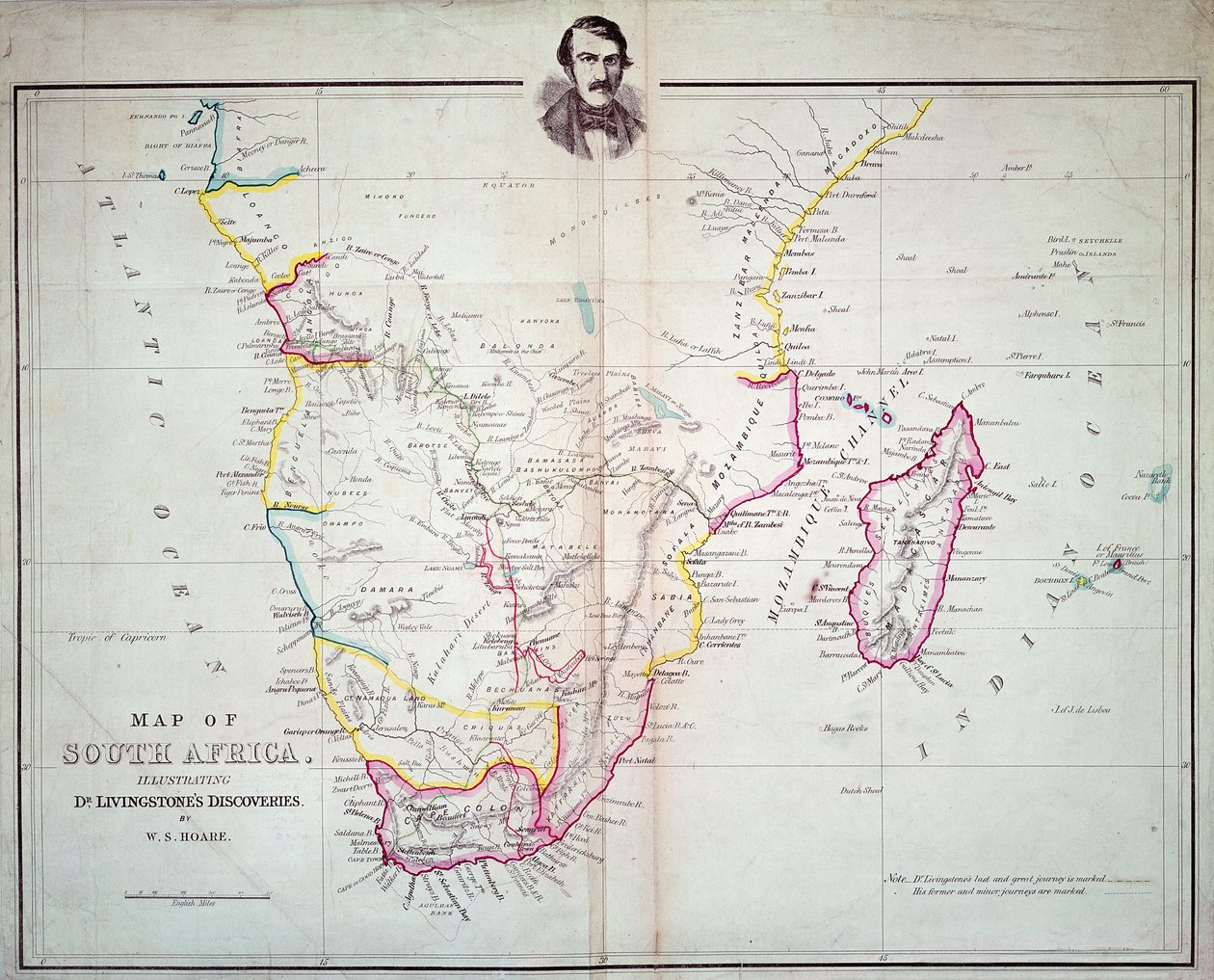 दक्षिण अफ्रीका का मानचित्र डॉ। लिविंगस्टोन की खोजों को दर्शाता है द्वारा अंग्रेजी स्कूल