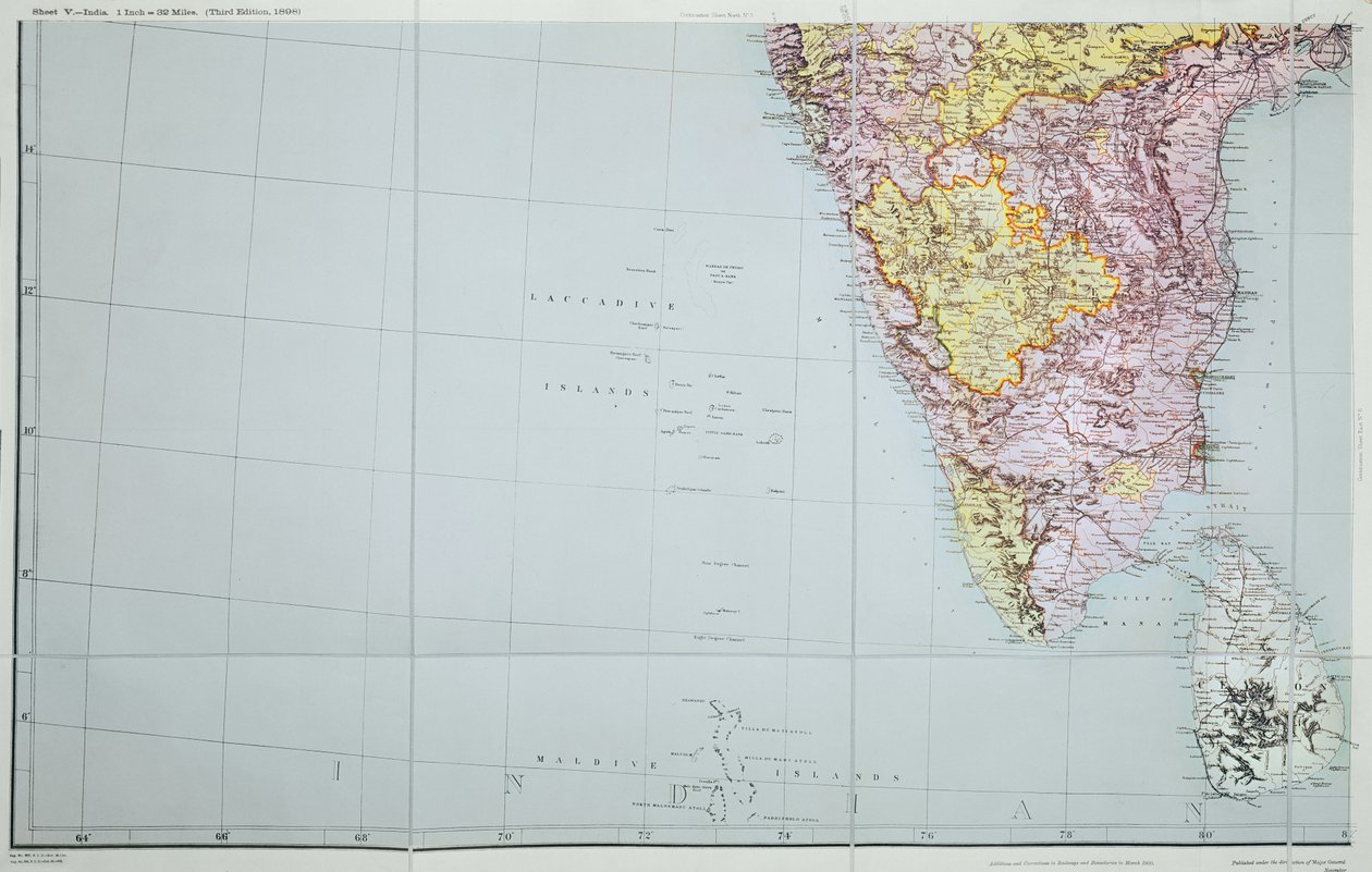 दक्षिणी भारत का मानचित्र, 1898 (रंग लिथोग्राफ) द्वारा अंग्रेजी स्कूल