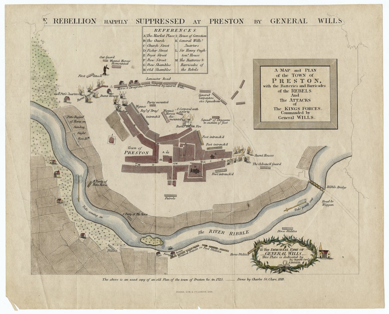 1715, 1818 के प्रेस्टन की लड़ाई का नक्शा (हाथों से उकेरा गया) द्वारा अंग्रेजी स्कूल