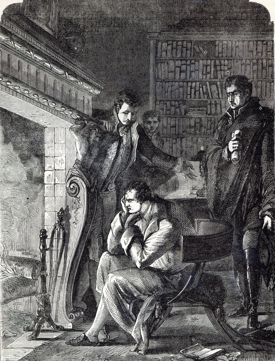 20 अप्रैल 1814 को फॉनटेनब्लियू से अपने अब्दिकेशन और प्रस्थान से पहले रात में आग से नेपोलियन द्वारा अंग्रेजी स्कूल