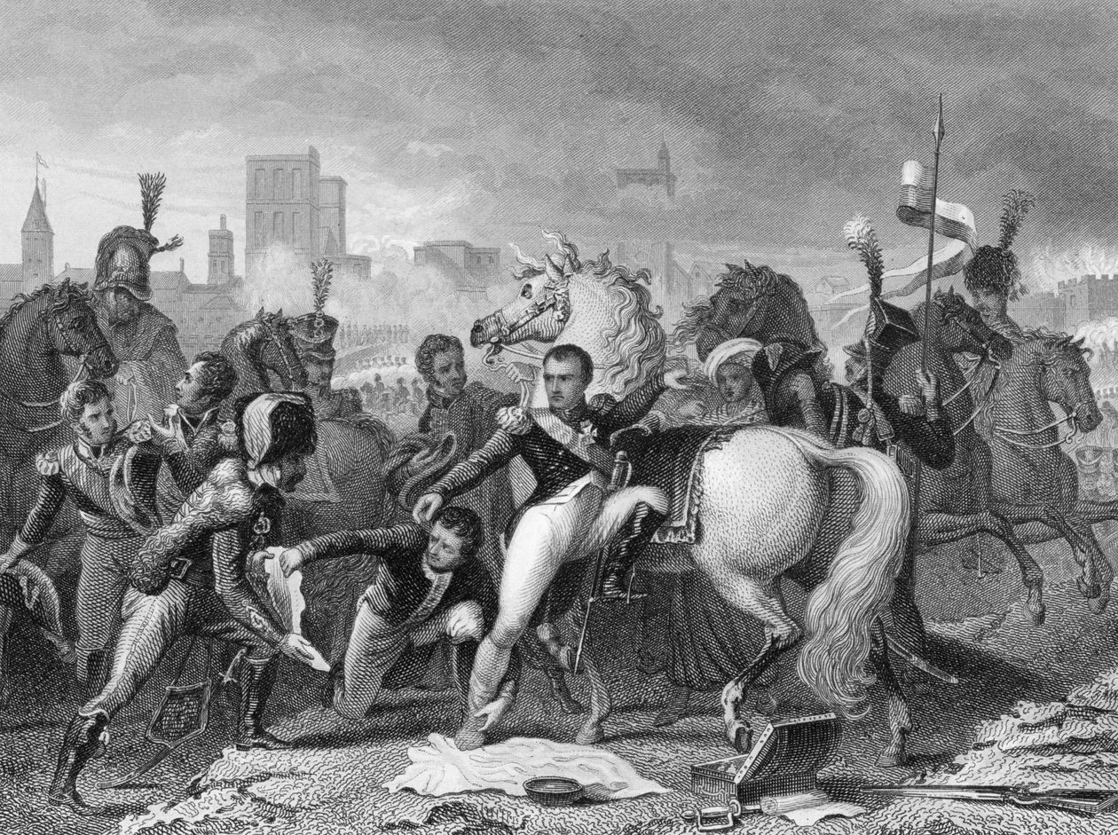 1809 में बवेरिया के रैटिसबोन (रेजेंसबर्ग) पर हुए हमले में नेपोलियन घायल हो गया द्वारा अंग्रेजी स्कूल