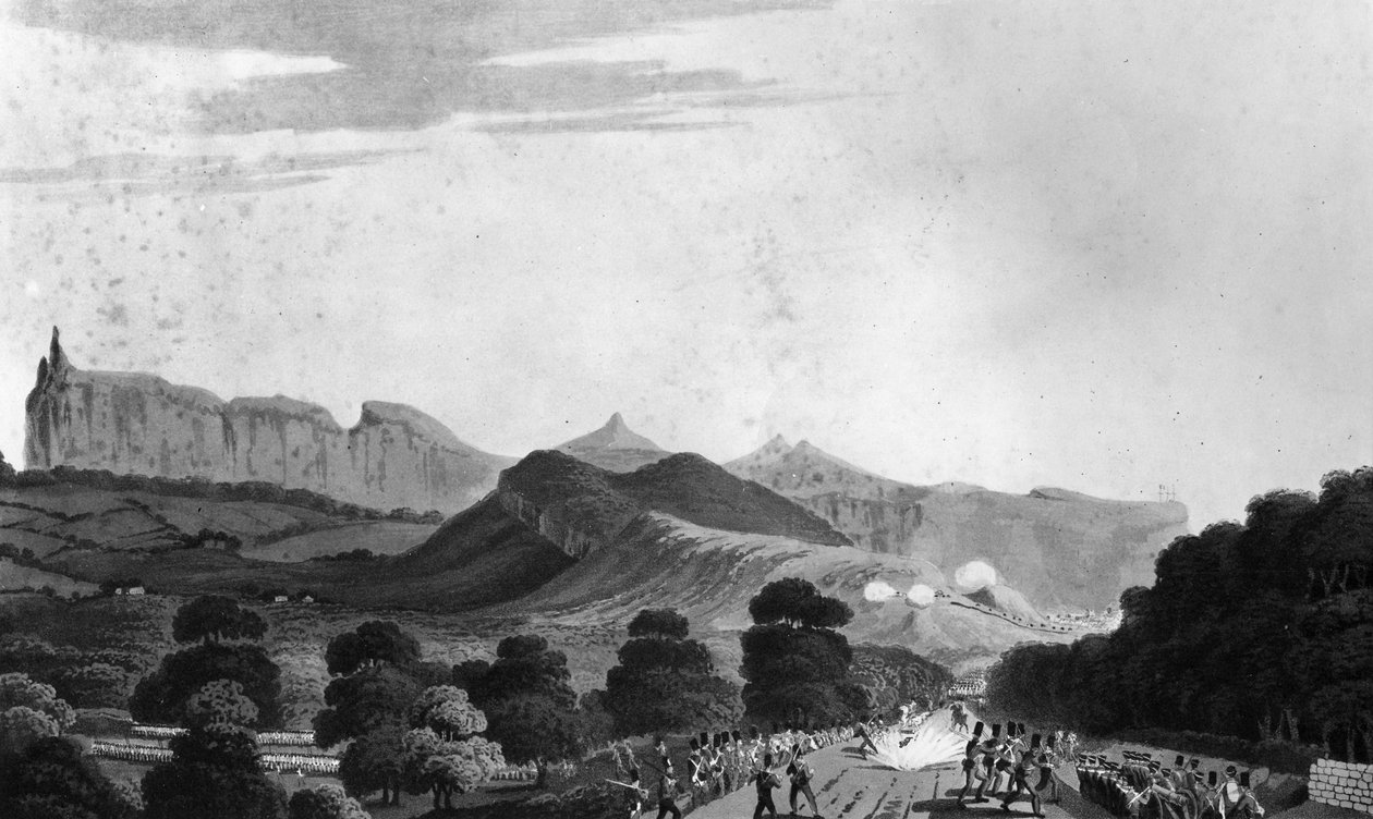 आई। क्लार्क, 1813 (एक्वाटिंट) द्वारा उत्कीर्ण पोर्ट लुई से पहले ब्रिटिश सेना का हिस्सा द्वारा अंग्रेजी स्कूल