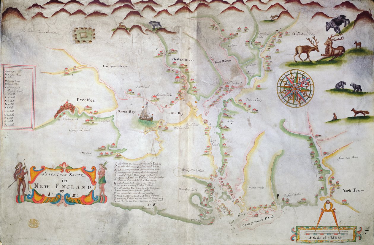 न्यू इंग्लैंड में पास्कटवे नदी, c.1660-85 (कागज पर स्याही) द्वारा अंग्रेजी स्कूल