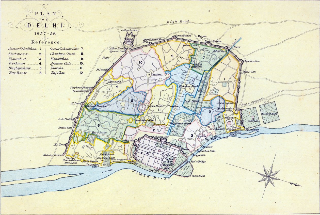 1857-58 की दिल्ली की योजना, गयोट अंड वुड द्वारा उत्कीर्ण, पब। विलियम मैकेंजी, एडिनबर्ग द्वारा, c.1860 द्वारा अंग्रेजी स्कूल