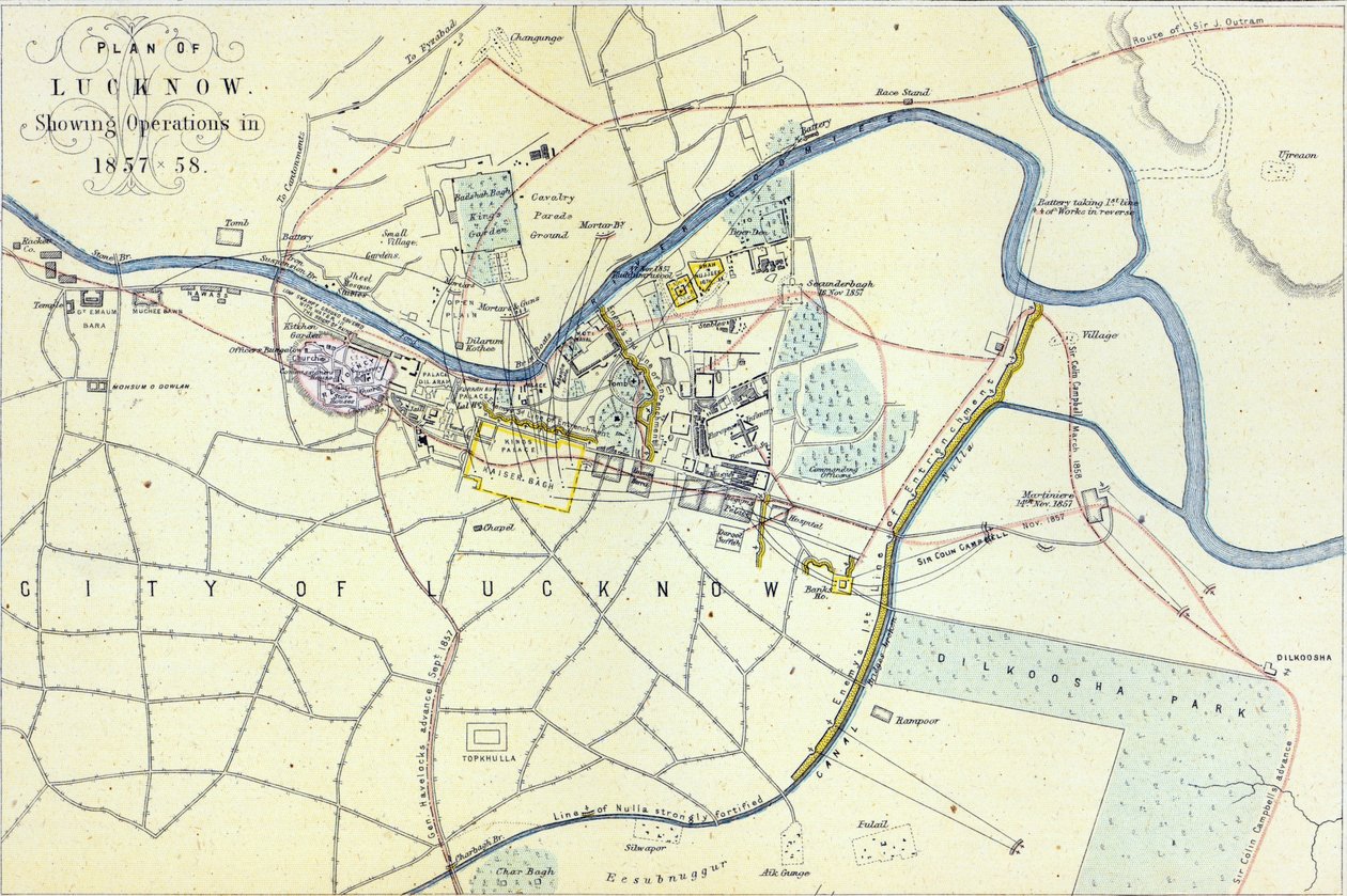 लखनऊ की योजना 1857-58 में संचालन दिखा, पब विलियम मैकेंजी द्वारा, c.1860 द्वारा अंग्रेजी स्कूल