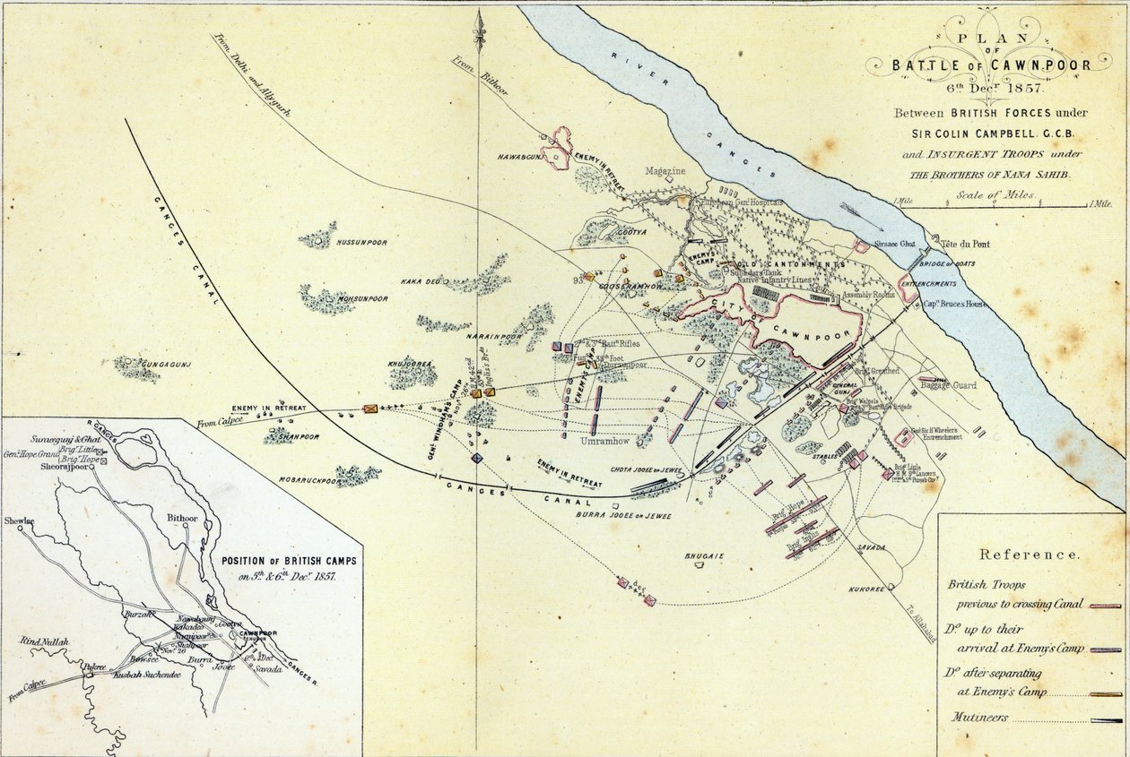 6 दिसंबर 1857 को कावनपुर की लड़ाई की योजना, गयोट अंड वुड द्वारा उत्कीर्ण, पब विलियम मैकेंजी द्वारा, c.1860 द्वारा अंग्रेजी स्कूल