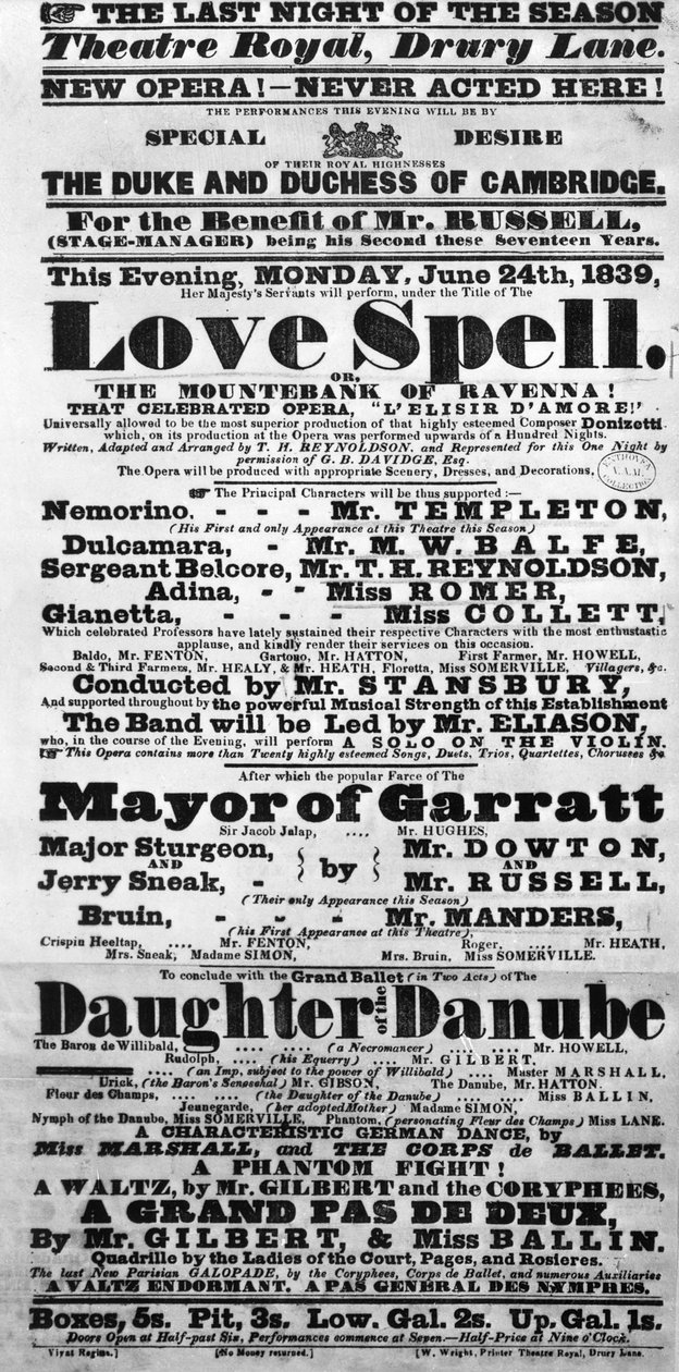 ड्यूबिल एंड डचेस ऑफ कैम्ब्रिज, 1839 (मुद्रित पत्र) के इशारे पर &39;लव स्पेल&39; के प्रदर्शन की घोषणा करते हुए प्लेबिल द्वारा अंग्रेजी स्कूल