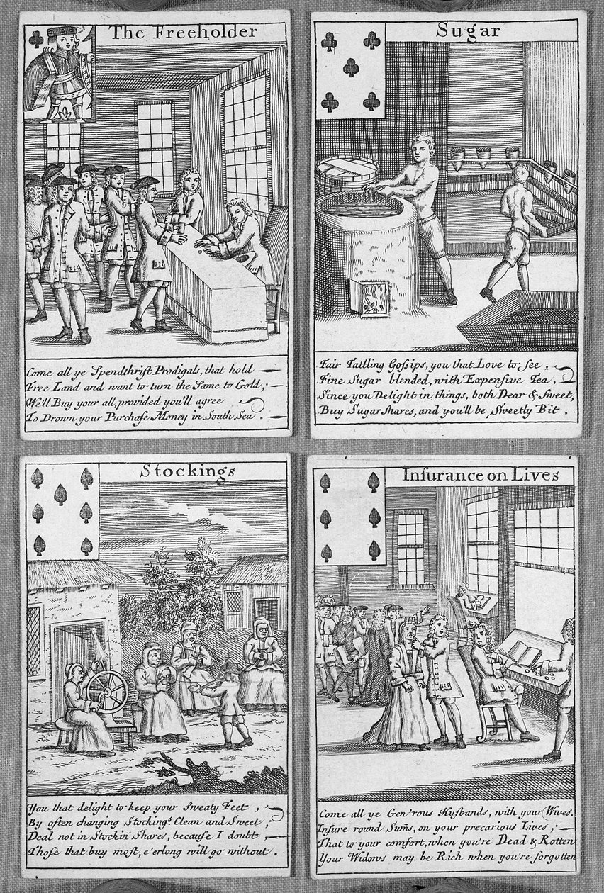 वर्तमान वाणिज्यिक उपक्रमों को दर्शाने वाले कार्ड बजाना, c.1720 (प्रिंट) द्वारा अंग्रेजी स्कूल