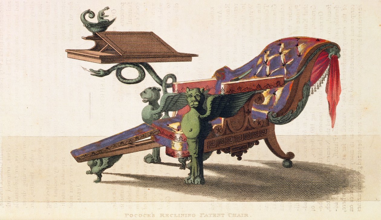 पोकेक्स ने आटरमन्स रिपॉजिटरी ऑफ़ आर्ट्स, Vol.I, 9, प्लेट 19, मार्च 1813 (प्रिंट) से पेटेंट की कुर्सी प्राप्त की द्वारा अंग्रेजी स्कूल