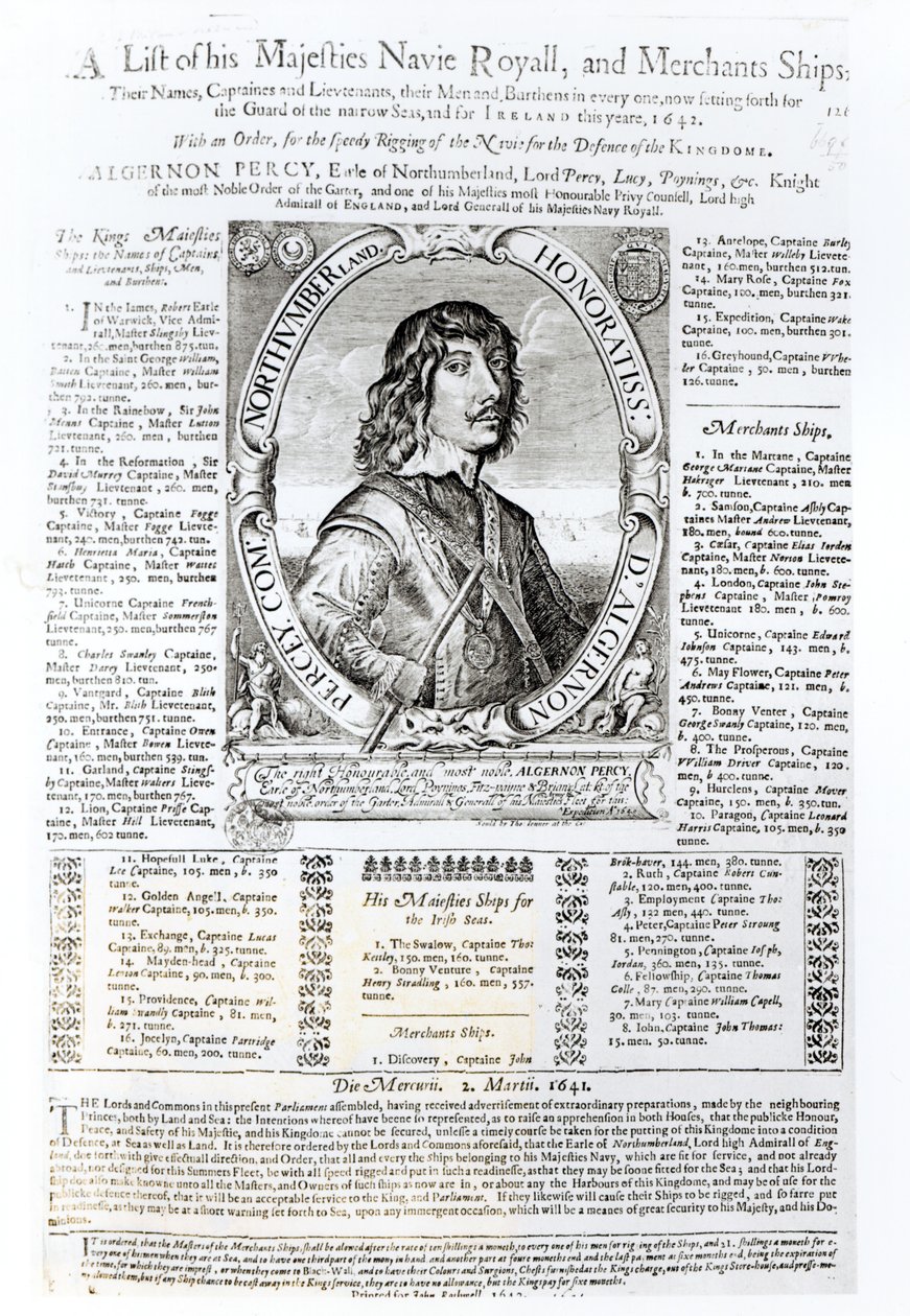 अल्जेरॉन पर्सी का पोर्ट्रेट, नॉर्थम्बरलैंड का दसवां अर्ल (1602-68) महामहिम रॉयल नेवी की सूची के साथ, 1642 द्वारा अंग्रेजी स्कूल