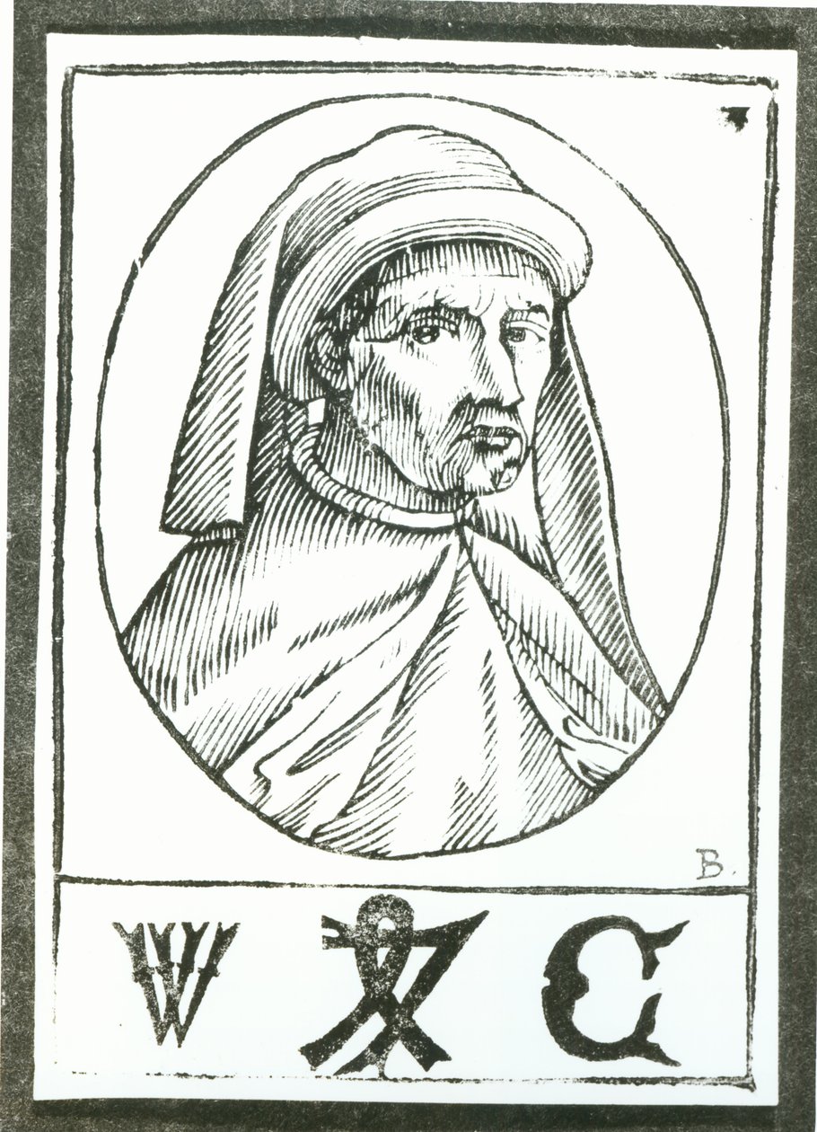 विलियम कैक्सटन का पोर्ट्रेट (c.1422-91) और उनका प्रिंटर मार्क द्वारा अंग्रेजी स्कूल