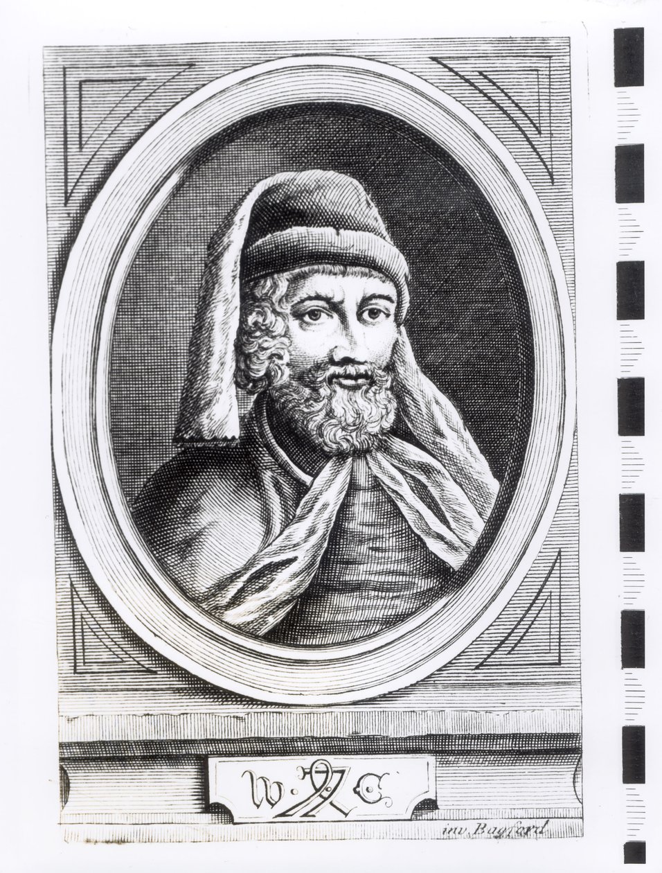 विलियम कैक्सटन का पोर्ट्रेट (c.1422-91) और उनके प्रिंटर का निशान द्वारा अंग्रेजी स्कूल