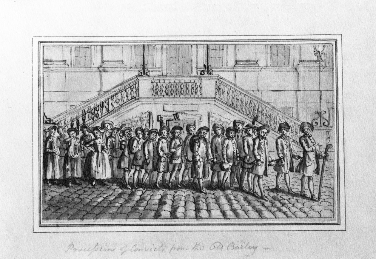 ओल्ड बेली से दीक्षांत समारोह की प्रक्रिया, c.1750-1800 (कागज पर कलम और स्याही और ग्रे धो) द्वारा अंग्रेजी स्कूल