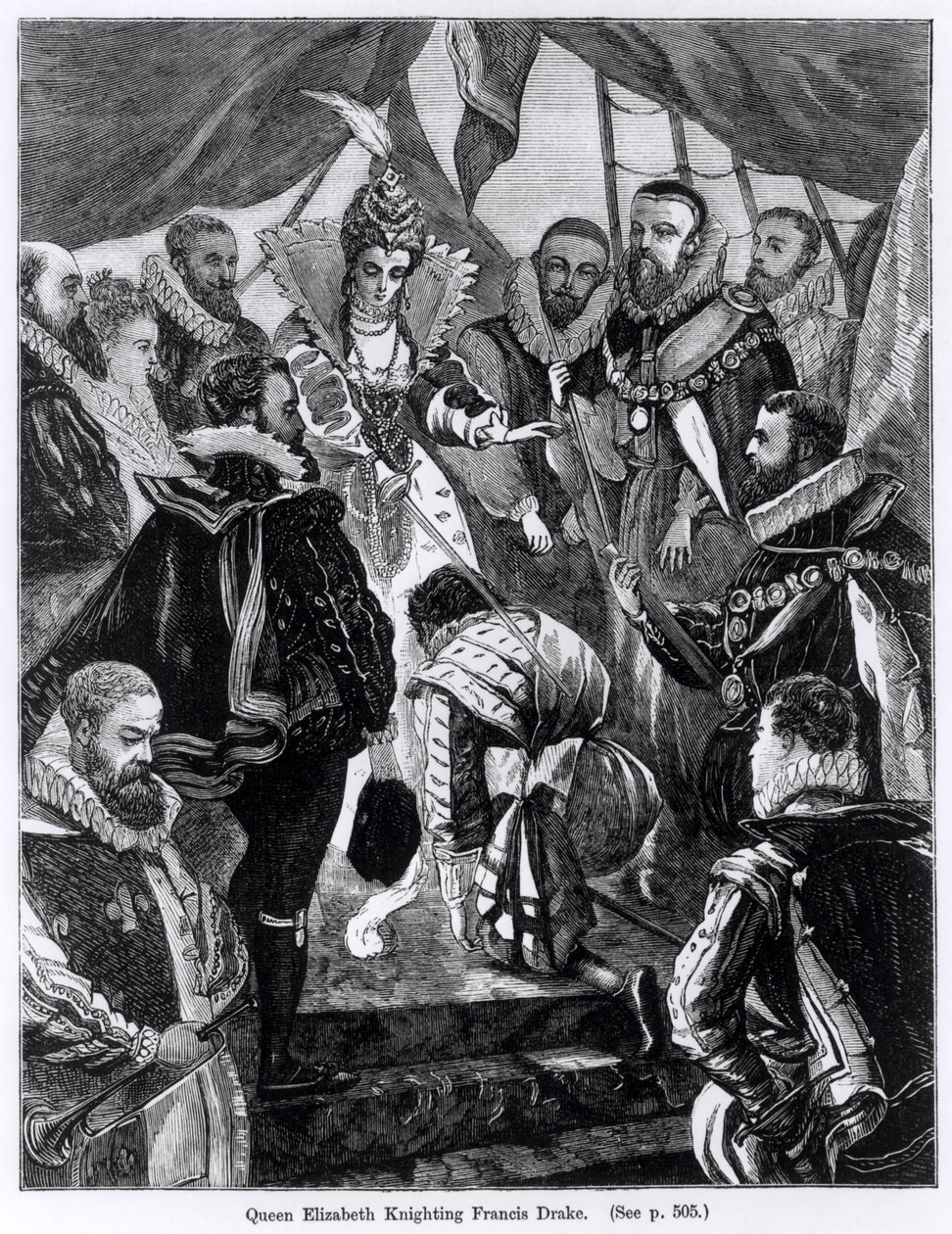 1581 में क्वीन एलिजाबेथ I (1530-1603) नाइटिंग फ्रांसिस ड्रेक (c.1540-96) द्वारा अंग्रेजी स्कूल