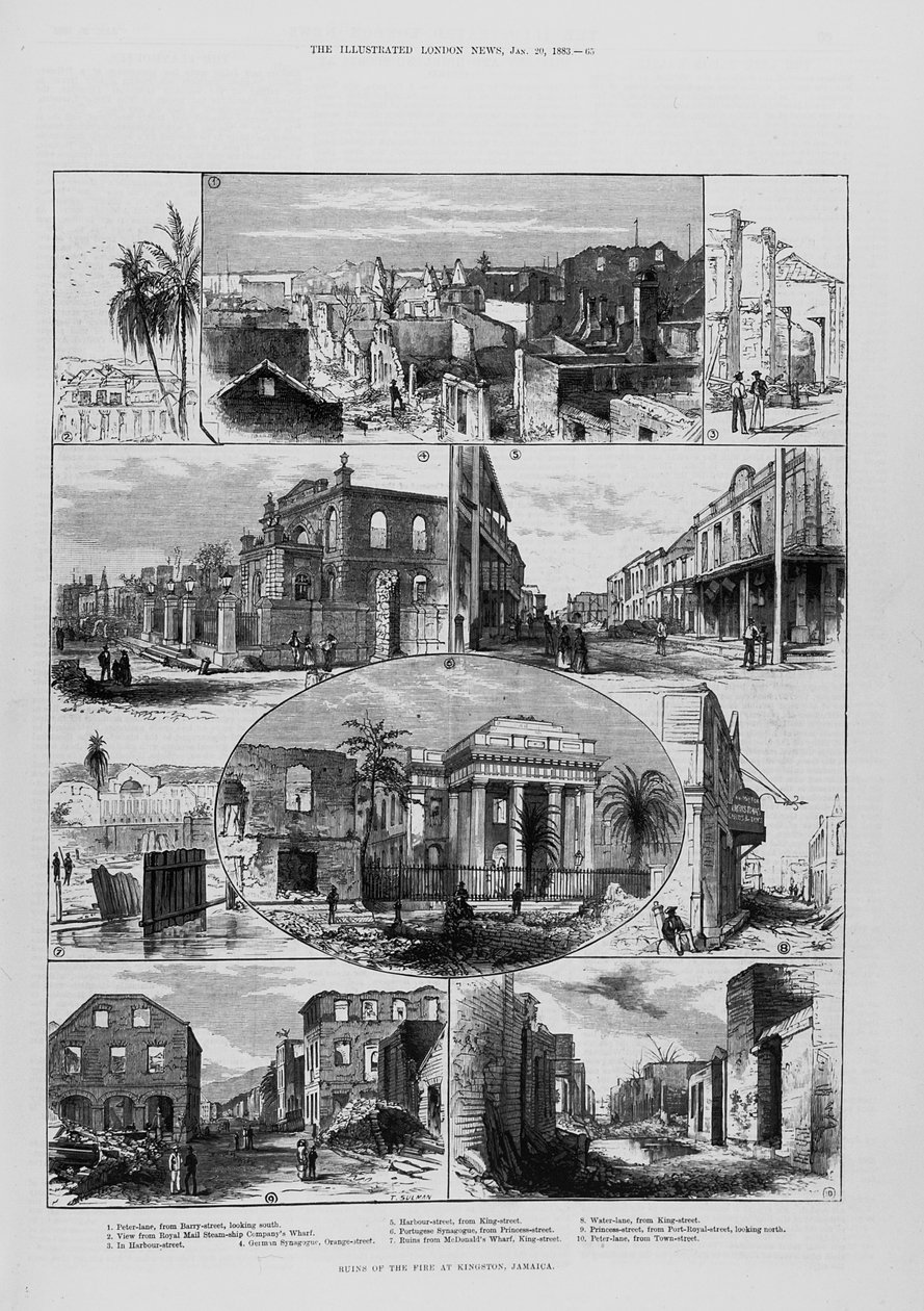 20 जनवरी 1883, 1842 को &39;द इलस्ट्रेटेड लंदन न्यूज&39; से जमैका के किंग्स्टन में आग के खंडहर द्वारा अंग्रेजी स्कूल