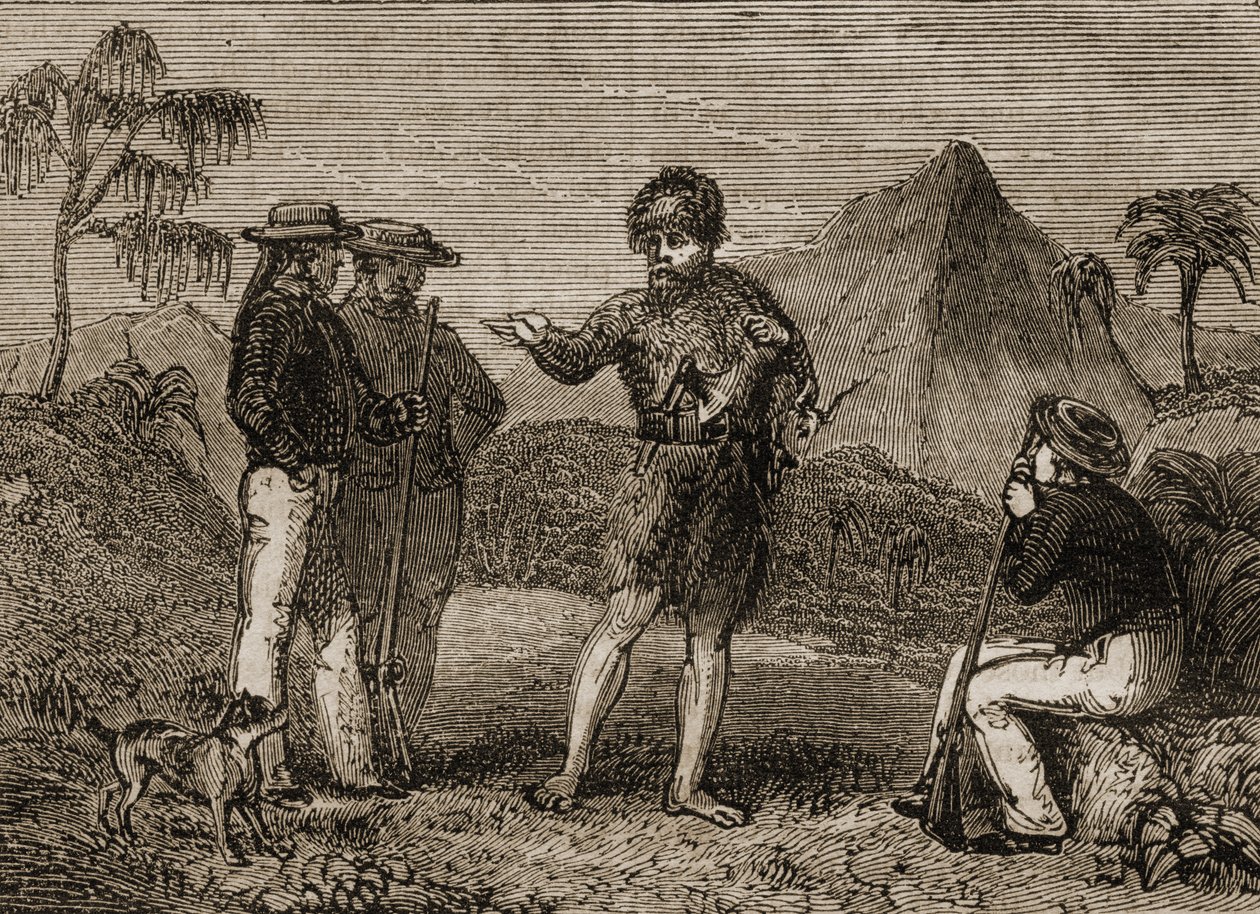 सेल्किर्क और ब्रिटिश नाविकों, 1838 में प्रकाशित &39;टेल्स ऑफ ट्रैवलर्स या ए व्यू ऑफ द वर्ल्ड&39; का चित्रण द्वारा अंग्रेजी स्कूल