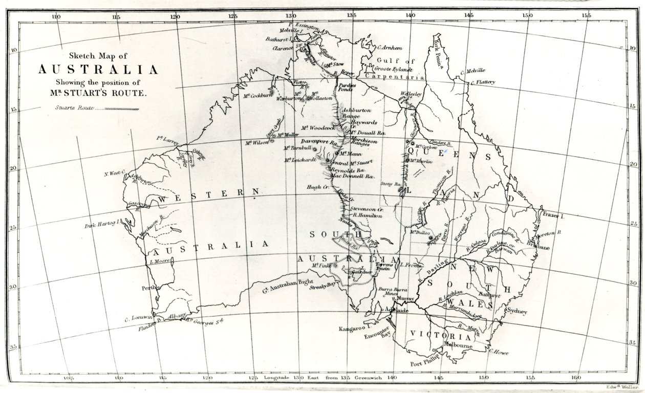 ऑस्ट्रेलिया का स्केच मैप, श्री स्टुअर्ट के रूट की स्थिति को दर्शाता है, 1864 द्वारा अंग्रेजी स्कूल