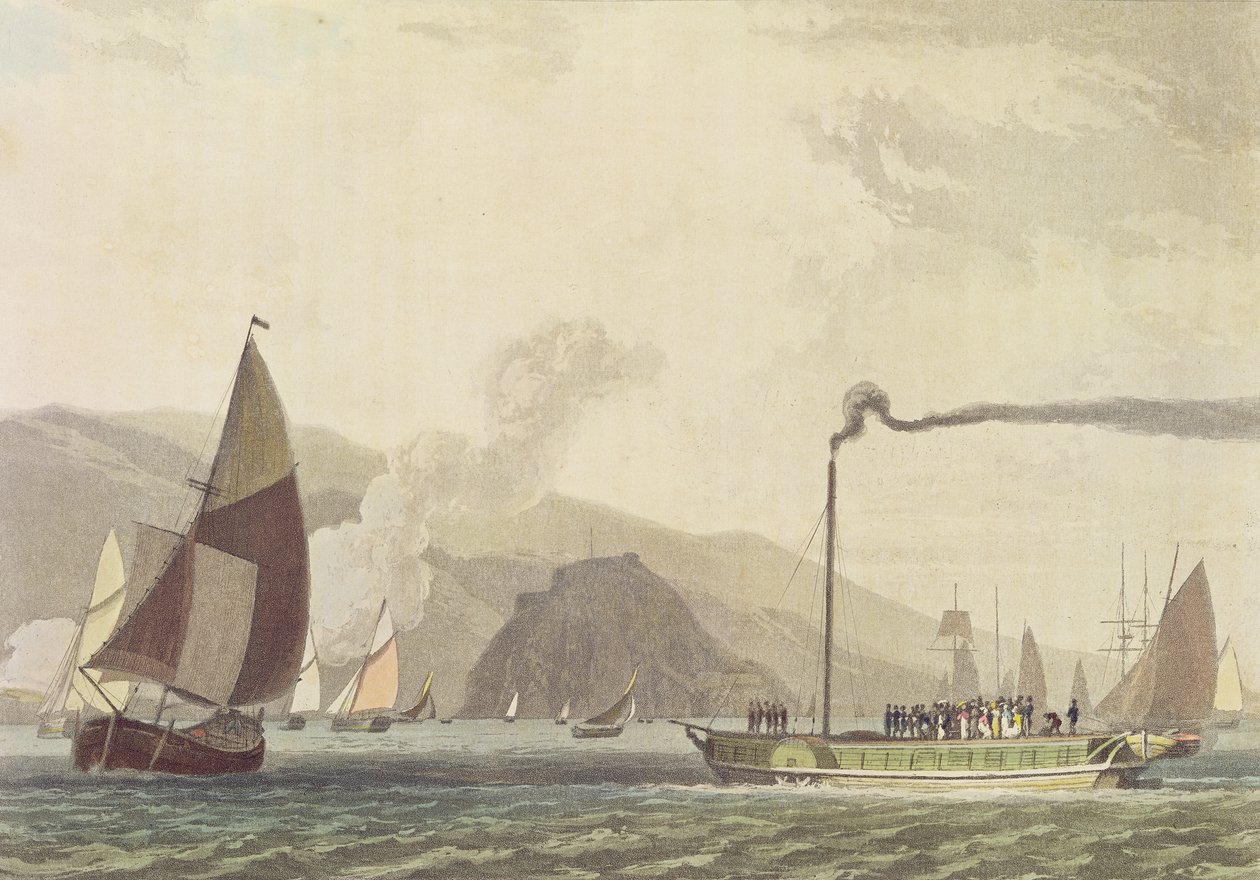 डम्बर्टन, 1802 (एक्वाटिंट) के पास क्लाइड पर स्टीम बोट द्वारा अंग्रेजी स्कूल