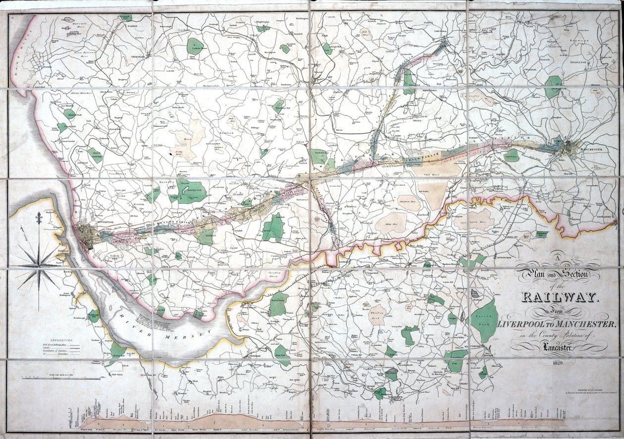 लीवरपूल और मैनचेस्टर रेलवे का स्टीफंसन मानचित्र, c.1824-1830 द्वारा अंग्रेजी स्कूल