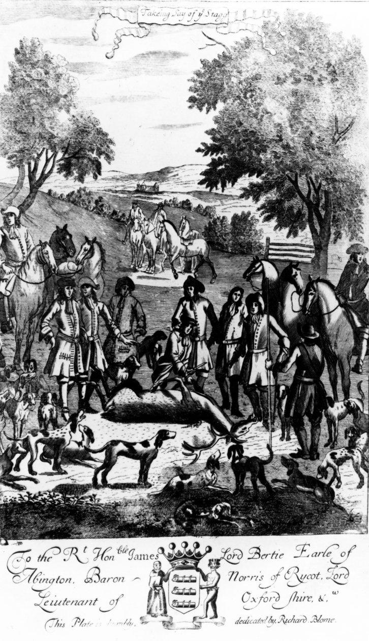 1686 में रिचर्ड ब्लोम द्वारा प्रकाशित &39;द जेंटलमैन रिक्रिएशन&39; से यू स्टैग का कहना द्वारा अंग्रेजी स्कूल