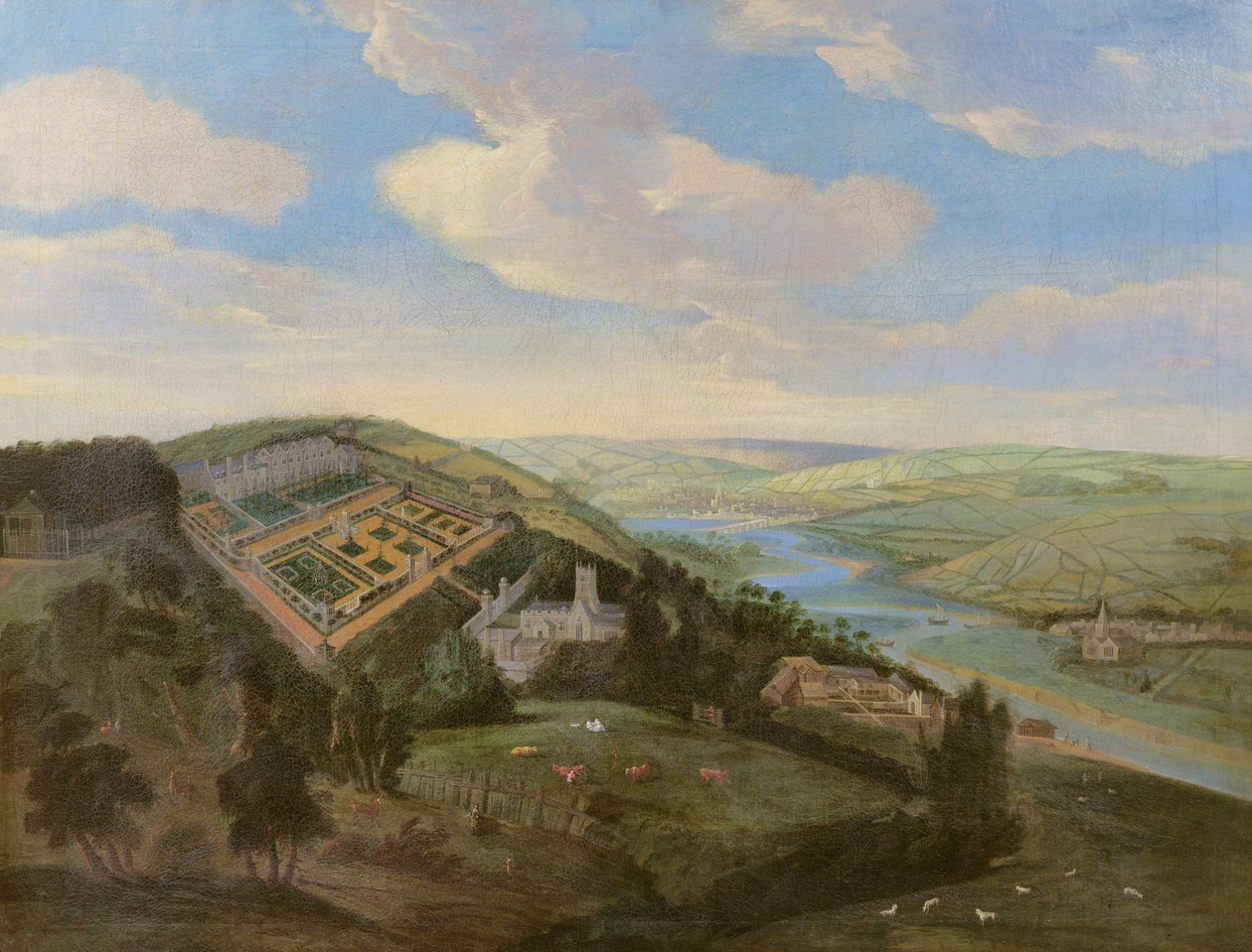 डेवन में तॉस्टॉक कोर्ट, दूरी में बार्नस्टेबल की दृष्टि से, c.1740 द्वारा अंग्रेजी स्कूल