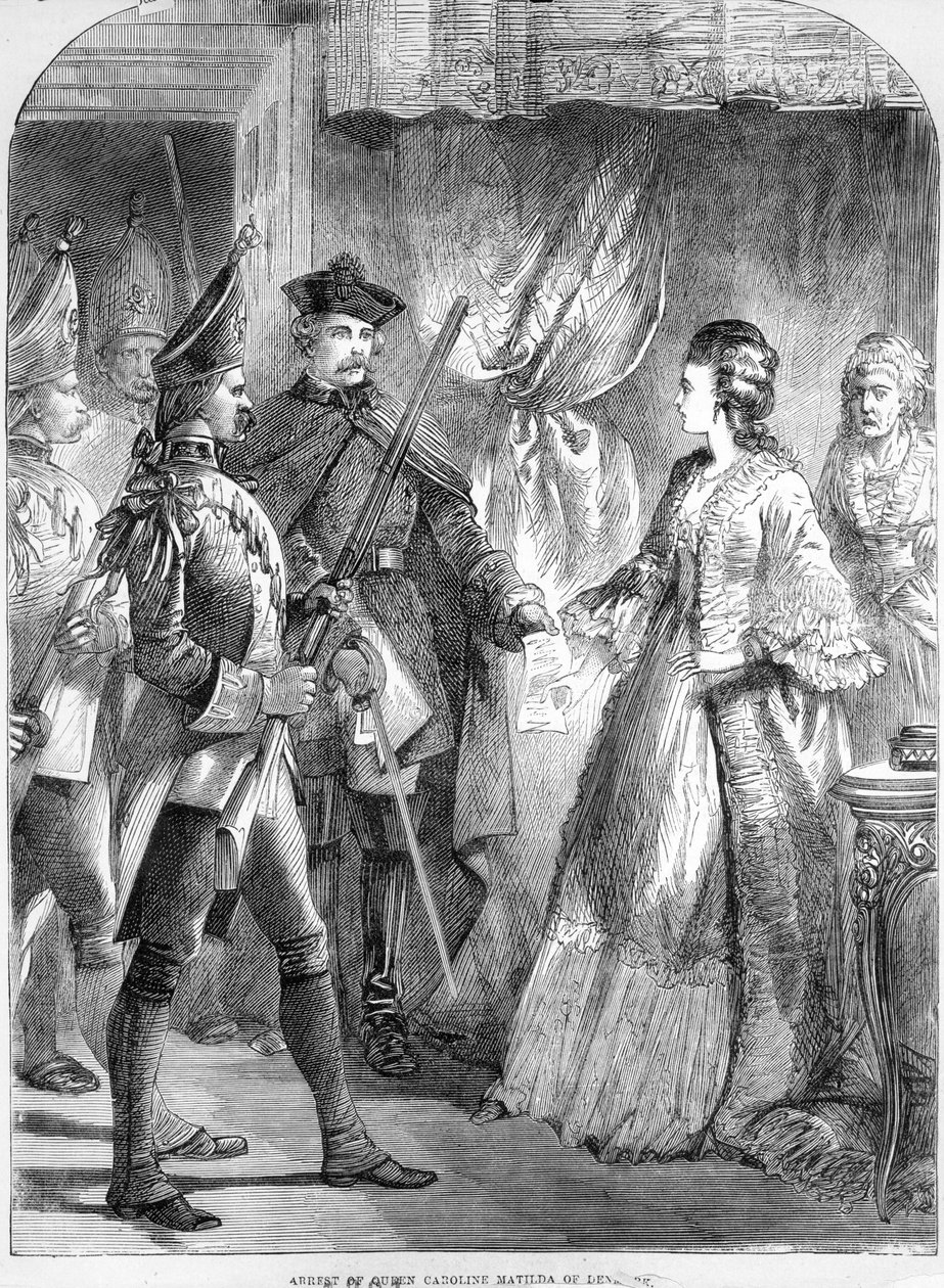 कैरोलीन मटिल्डा की गिरफ्तारी, 1772 में डेनमार्क और नॉर्वे की रानी (प्रिंट) द्वारा अंग्रेजी स्कूल