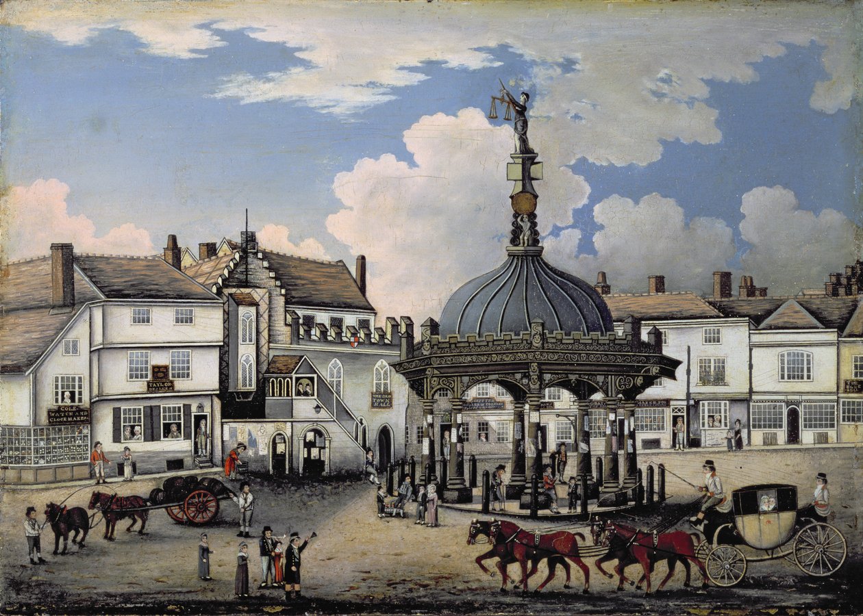 द कॉर्नहिल, इप्सविच, c.1800 (बोर्ड) द्वारा अंग्रेजी स्कूल
