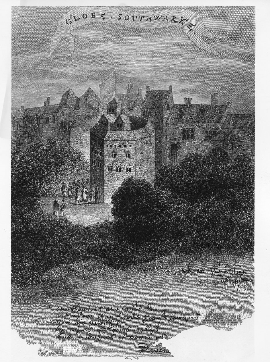 ग्लोब थियेटर, बैंकसाइड, साउथवार्क, &39;पेण्टेंट लंदन&39; से एक ड्राइंग के बाद, पहली बार 1793 में प्रकाशित हुआ, जेम्स स्टोव (c.1770-p.1820) द्वारा उत्कीर्ण, 1812 में प्रकाशित द्वारा अंग्रेजी स्कूल