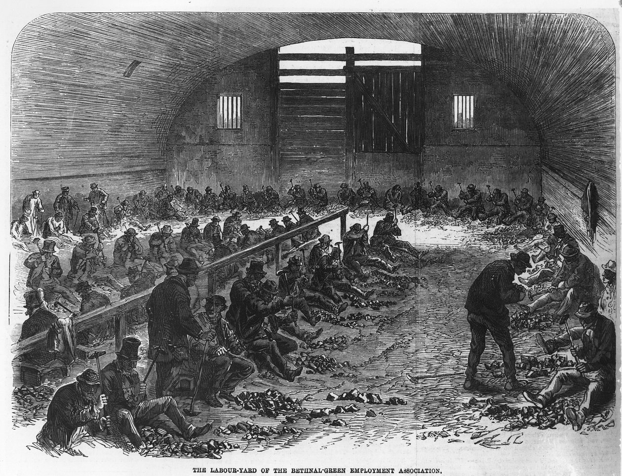 1868 में &39;द इलस्ट्रेटेड लंदन न्यूज़&39; से बेथनल ग्रीन एम्प्लॉयमेंट एसोसिएशन का लेबर यार्ड द्वारा अंग्रेजी स्कूल
