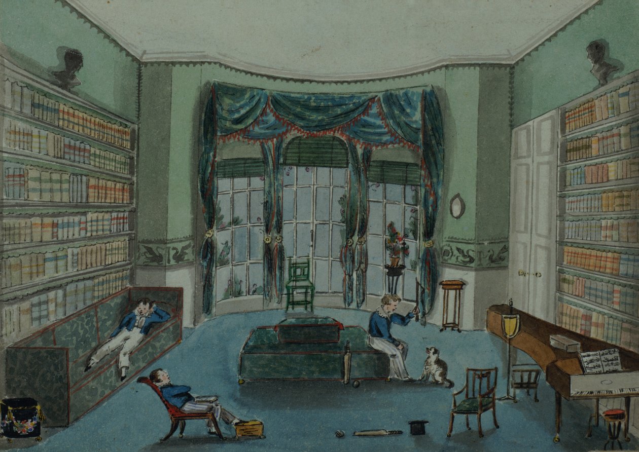 द लाइब्रेरी, c.1820, बैटरसी राइज़ द्वारा अंग्रेजी स्कूल