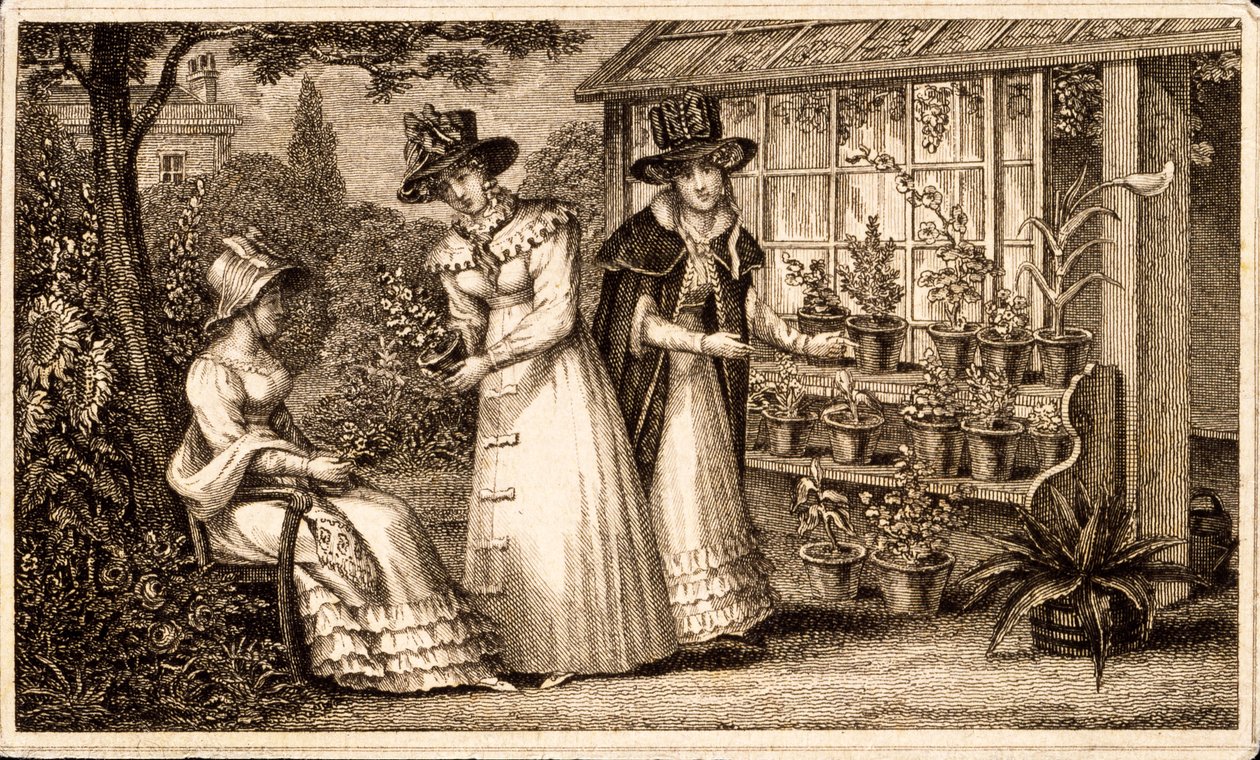 पोटिंग शेड द्वारा तीन देवियों की बागवानी c.1820s द्वारा अंग्रेजी स्कूल
