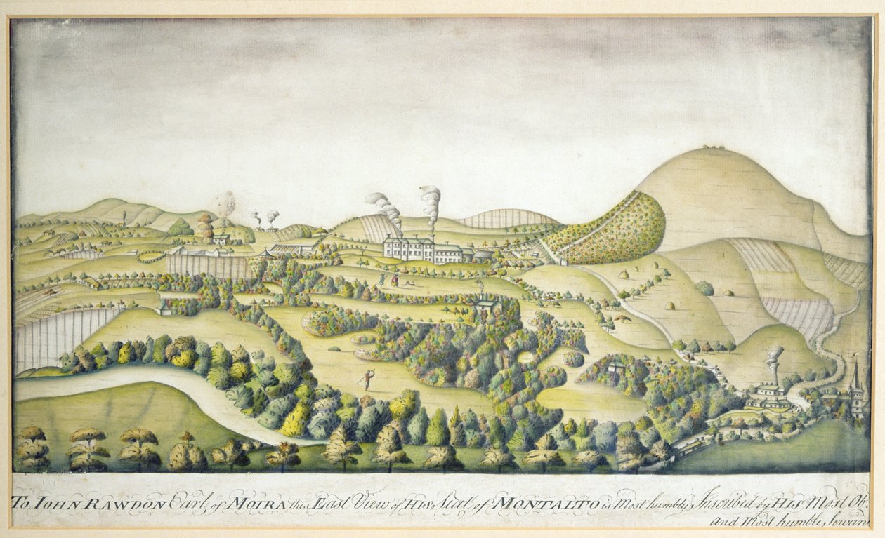 जॉन रॉडन, मोइरा के अर्ल, मॉन्टाल्टो की उनकी सीट का यह पूर्वी दृश्य, c.1800 (कलम और wc) द्वारा अंग्रेजी स्कूल