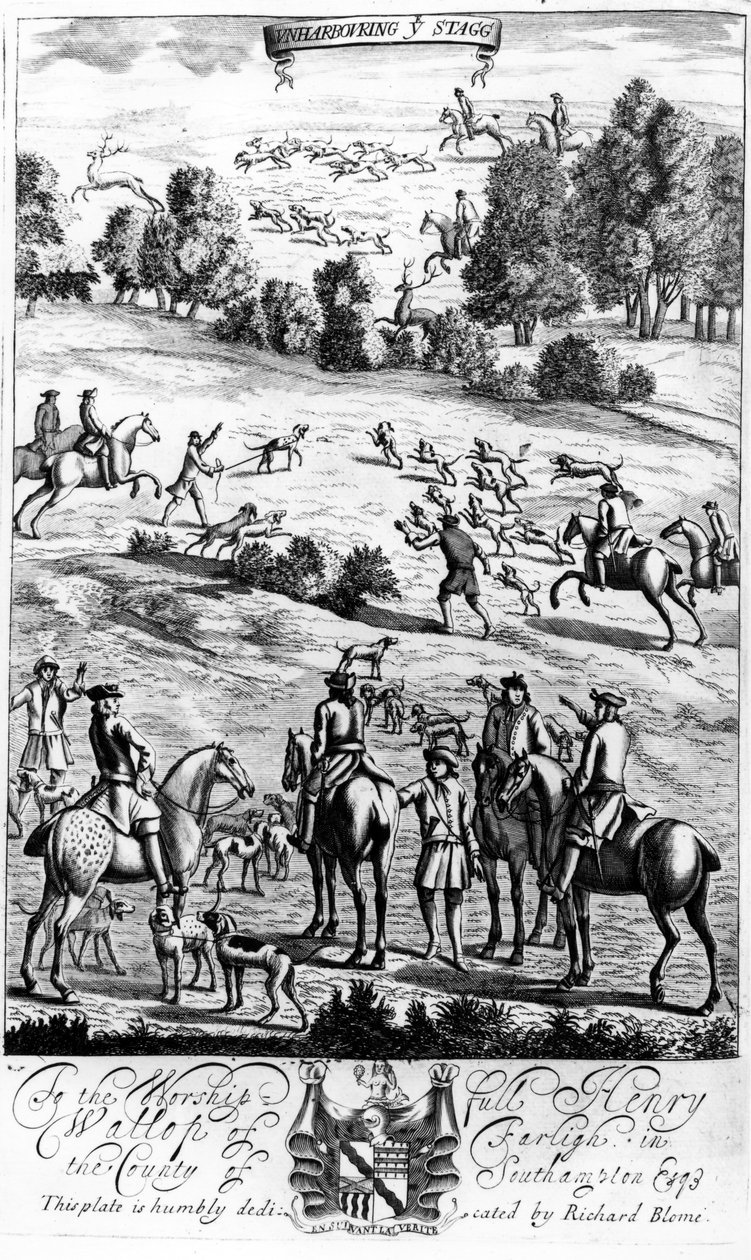 रिचर्ड ब्लोम द्वारा प्रकाशित &39;द जेंटलमैन रिक्रिएशन&39; से अनहॉर्बिंग यू स्टैग, 1686 द्वारा अंग्रेजी स्कूल