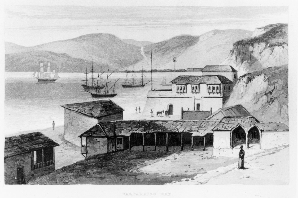 1825 में अलेक्जेंडर कैल्ड्यूग्यू द्वारा &39;ट्रेवल्स इन साउथ अमेरिका&39; से वालपराइसो बे, 1825 में प्रकाशित द्वारा अंग्रेजी स्कूल