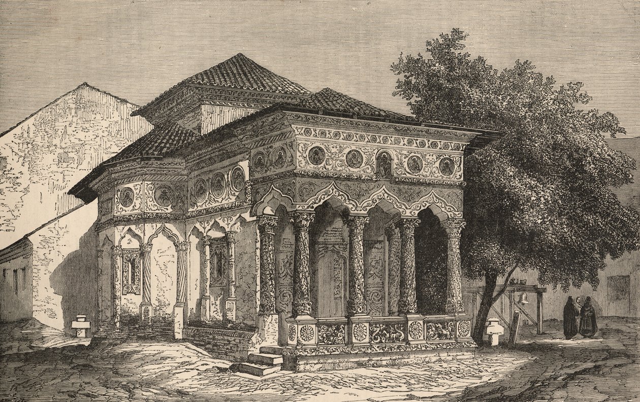 1853 में &39;द इलस्ट्रेटेड लंदन न्यूज&39; से बुखारेस्ट में एक चर्च का दृश्य द्वारा अंग्रेजी स्कूल