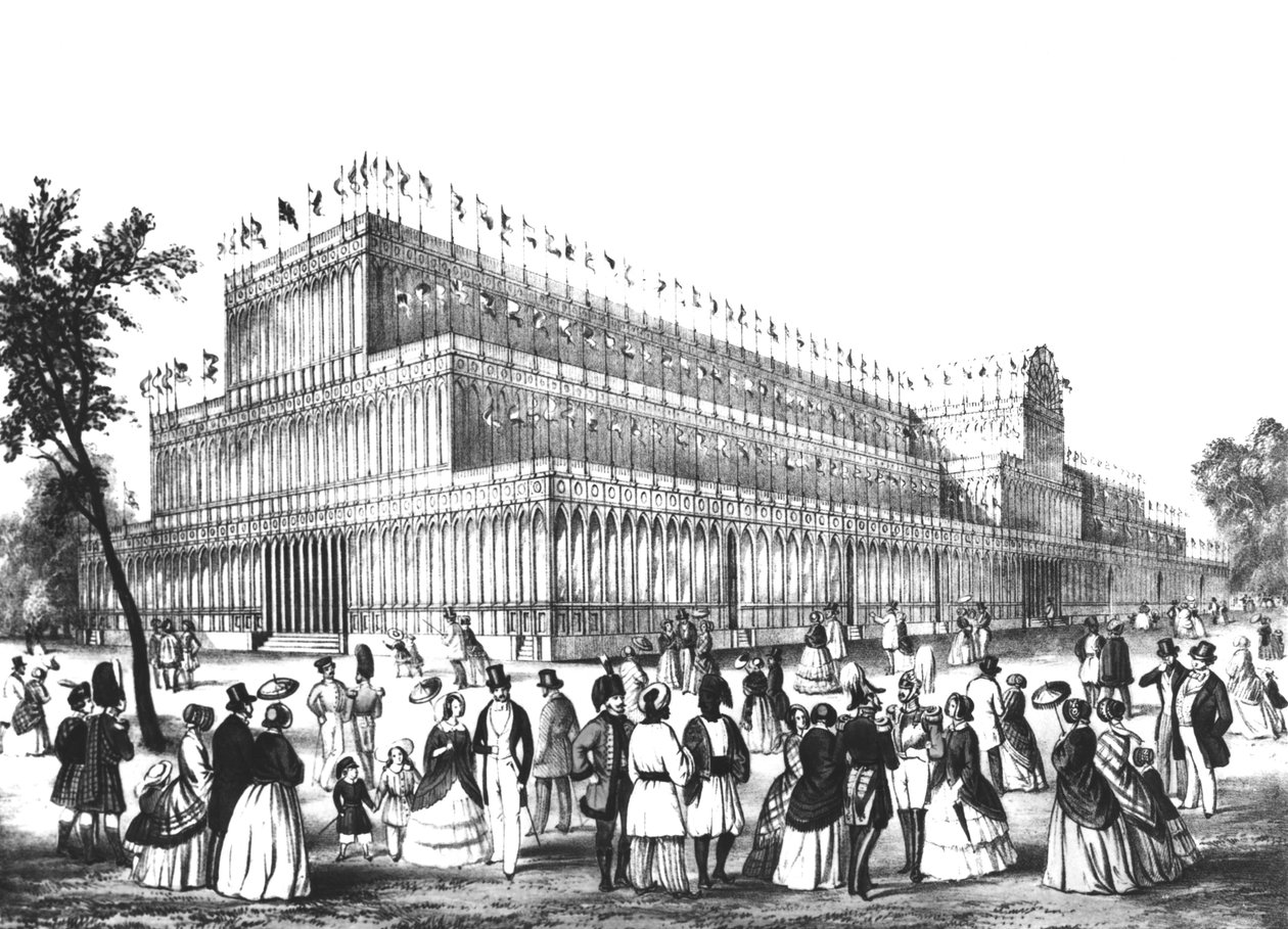 1851 के महान प्रदर्शनी के लिए बनाए गए क्रिस्टल पैलेस के बाहरी दृश्य द्वारा अंग्रेजी स्कूल