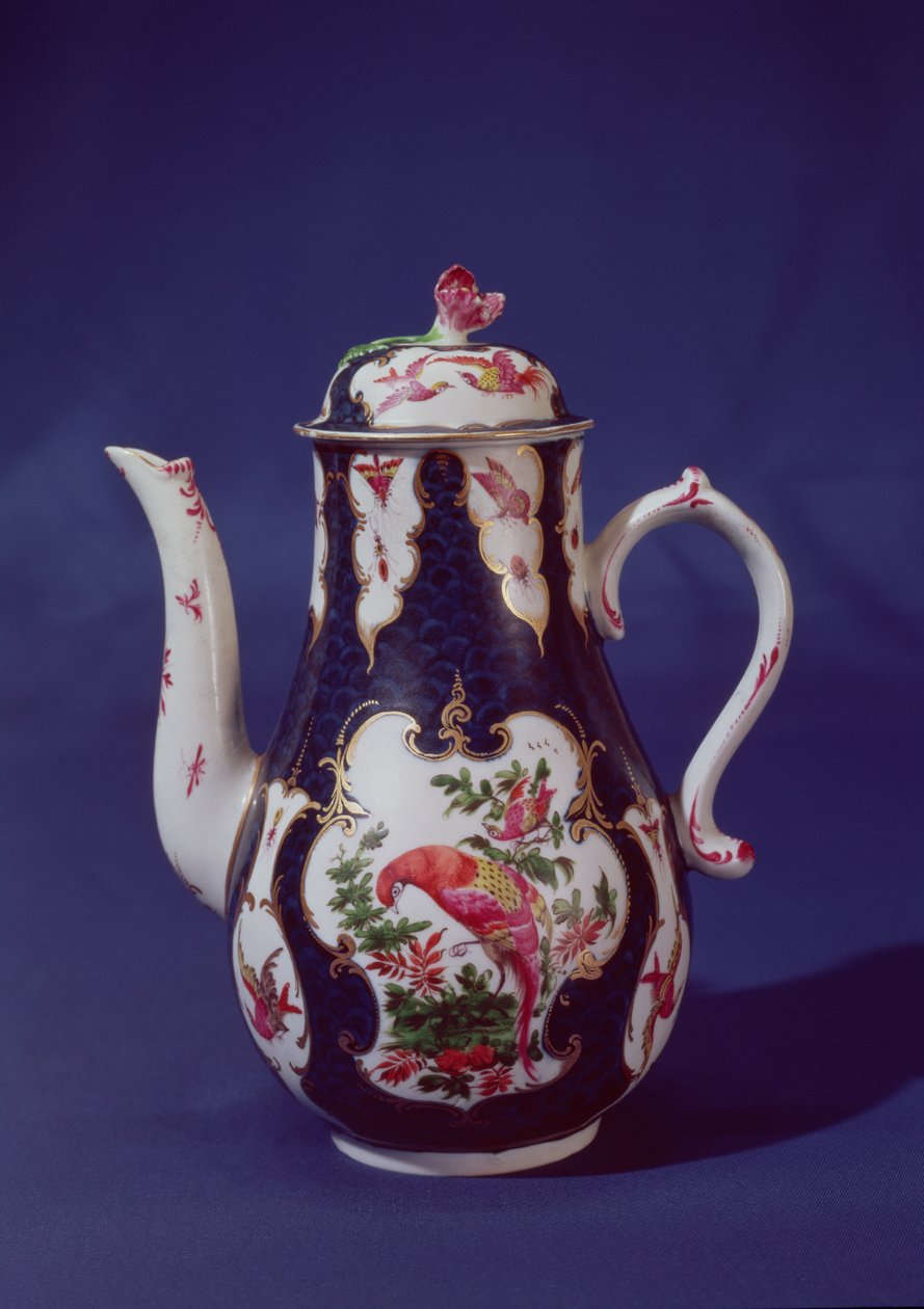 वर्सेस्टर कॉफी पॉट, स्वर्ग के पक्षियों के साथ सजाया गया, c.1750 (चीनी मिट्टी के बरतन) द्वारा अंग्रेजी स्कूल