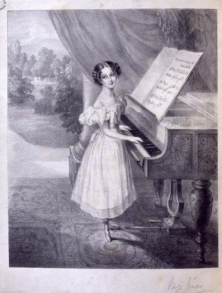 एक बाल पियानोवादक (मिस जोनास?) जॉन फील्ड की 'पास्टोरेल' बजाना, c.1835 (उत्कीर्णन) द्वारा अंग्रेजी स्कूल