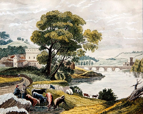 ए क्लॉडियन लैंडस्केप, c.1825 (कागज पर पानी के रंग का) द्वारा अंग्रेजी स्कूल