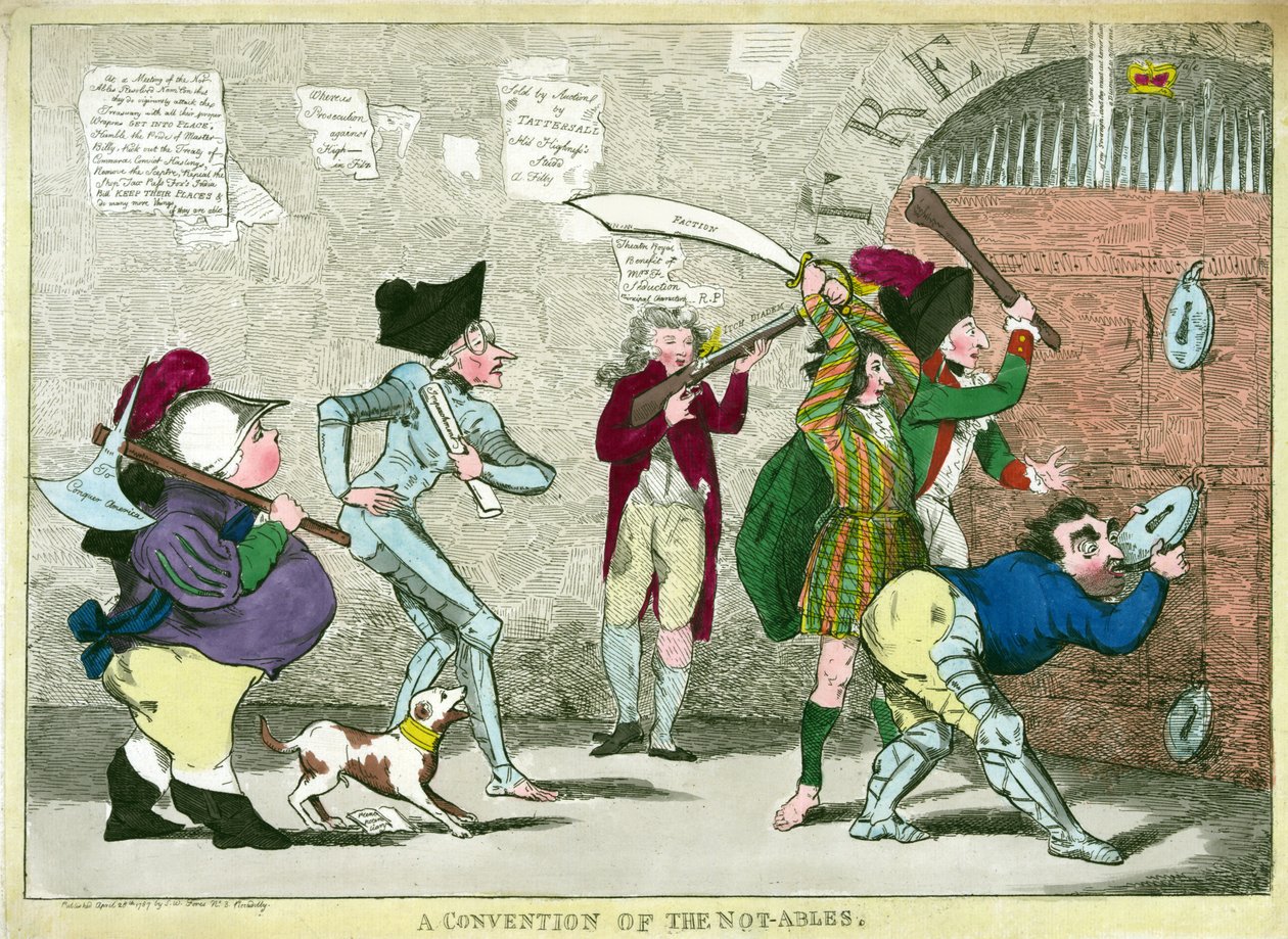 नॉट-एबल्स का एक सम्मेलन, पब। 1787 (हाथ के रंग का उत्कीर्णन) द्वारा अंग्रेजी स्कूल