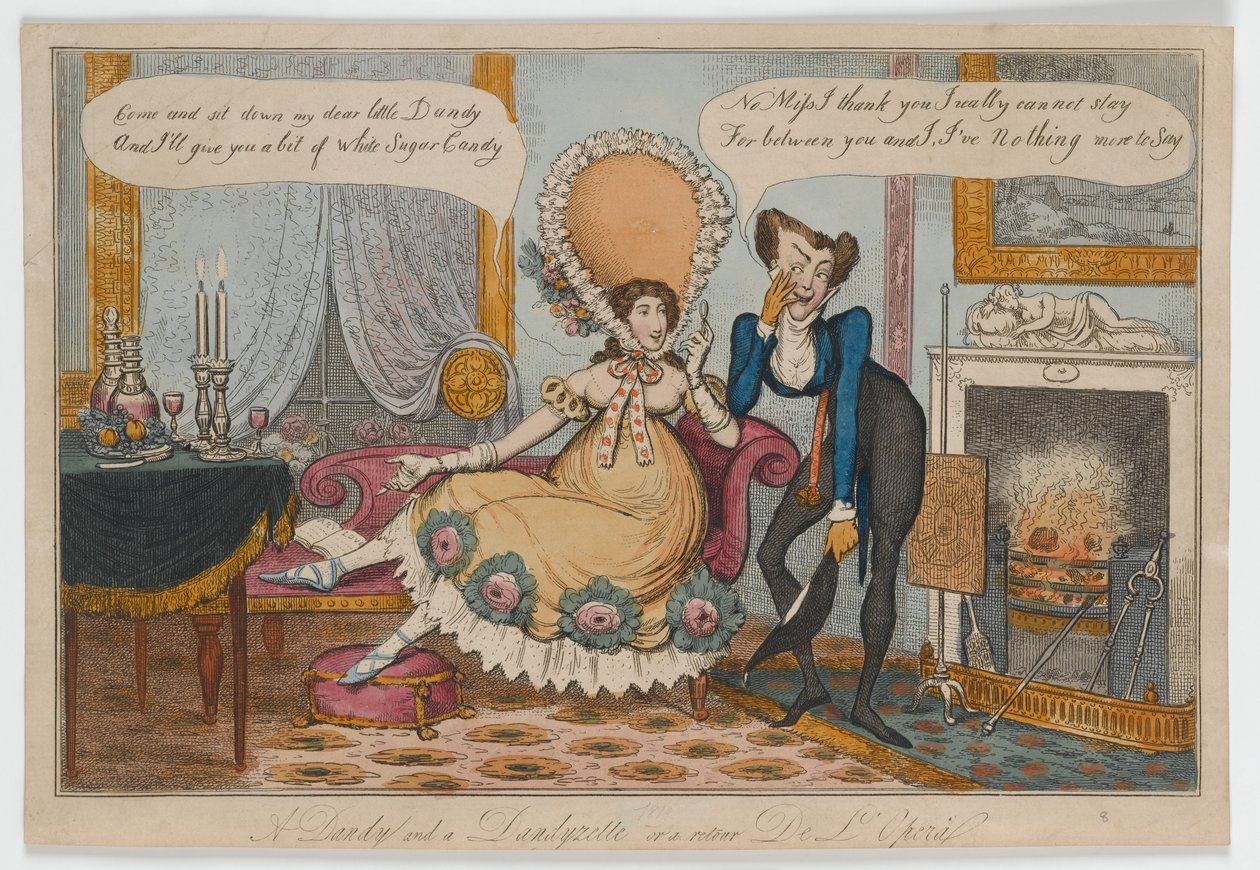 एक डैंडी और एक डंडीज़ेट या एक रीटॉर डी लोपर, c.1820 (हाथ से रंगीन उत्कीर्णन) द्वारा अंग्रेजी स्कूल