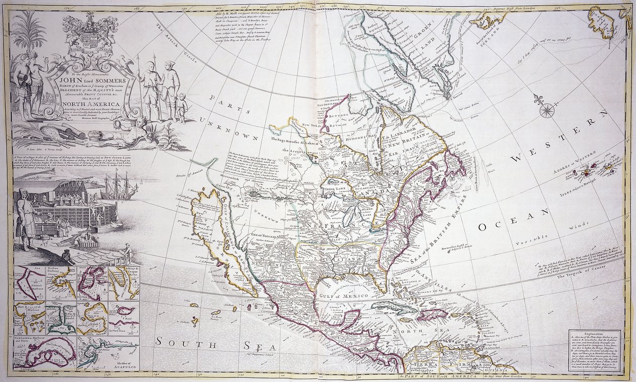 उत्तरी अमेरिका का एक डबल-पेज मैप, c.1708-20 द्वारा अंग्रेजी स्कूल