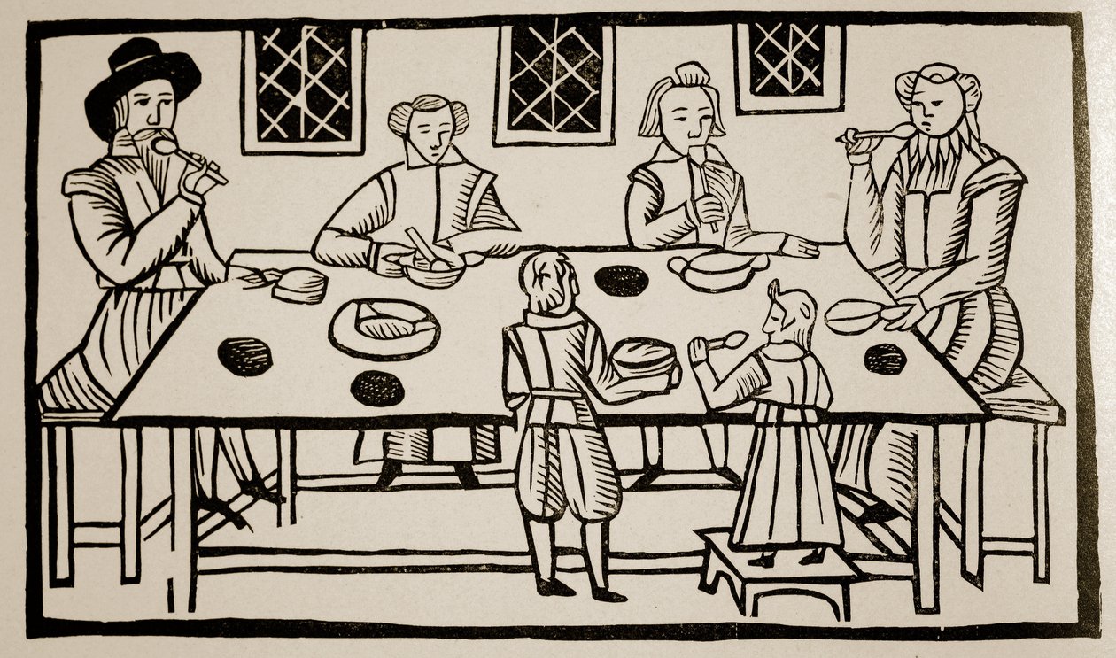 ए फैमिली मील, c.1600 (सीपिया फोटो) द्वारा अंग्रेजी स्कूल