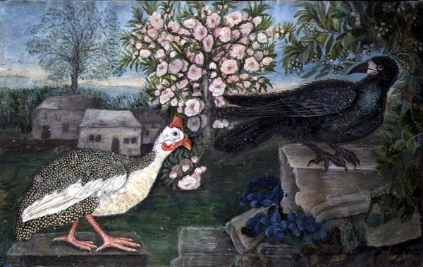 लैंडस्केप में एक गिनी मुर्गी और एक रूक, c.1800 (पानी के रंग का, कागज पर गौचे) द्वारा अंग्रेजी स्कूल