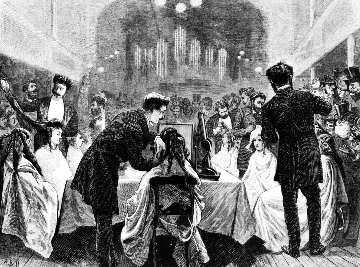 ए हेयर-ड्रेसिंग प्रदर्शनी, 1872 द्वारा अंग्रेजी स्कूल