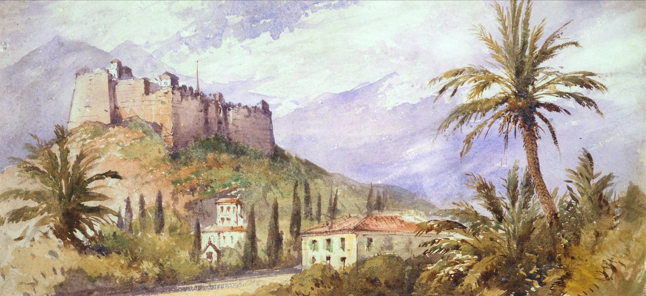 एटलस पर्वत में एक पहाड़ी किला, c.1860-70 (कागज पर जल रंग) द्वारा अंग्रेजी स्कूल